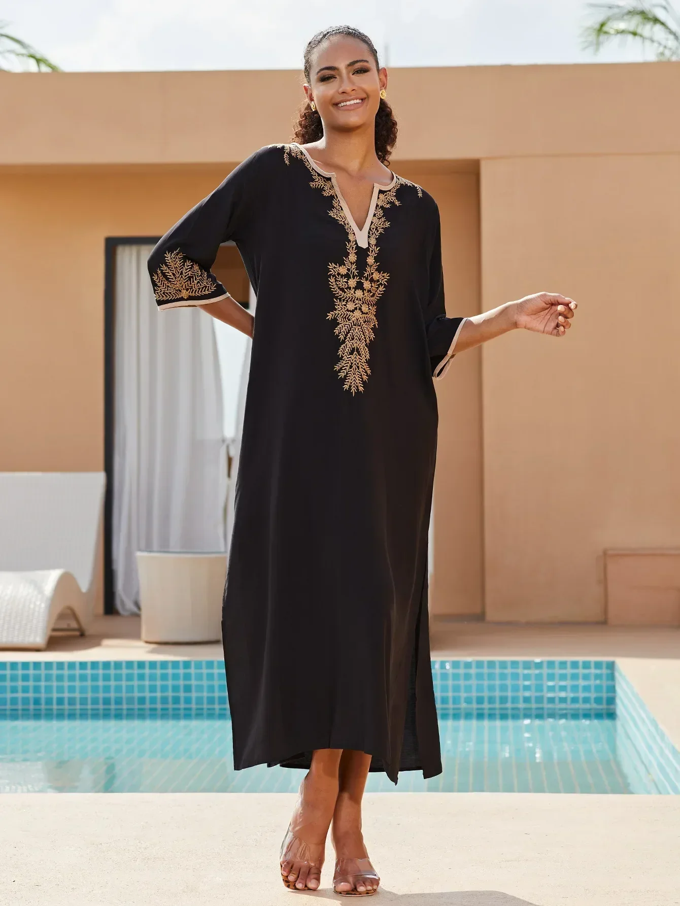 Stickerei Strand Kaftan Badeanzug Kleid für Frauen Kurzarm Bikini Badeanzug Cover Up Image
