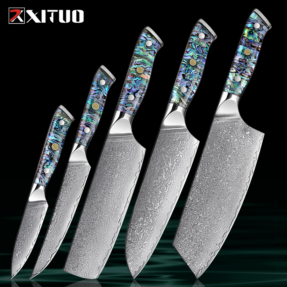 Extrem scharfes Damaststahl-Küchenmesser set 1-5 Stück Santoku-Messer, Universal messer, Hackmesser Acryl-Abalone-Griff Image