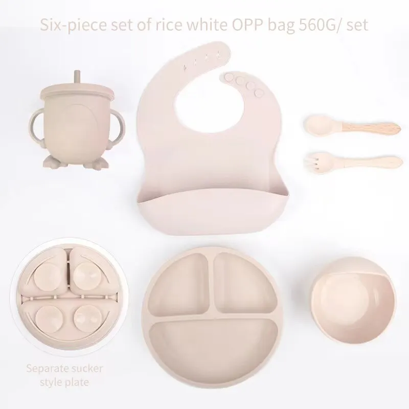 Kindergeschirr-Set, Baby-Silikon, 6/8-teiliges Geschirr-Set, Saugnäpfe, Gabeln, Löffel, Lätzchen, Strohhalme, Tassen, Mutter- und Babyzubehör