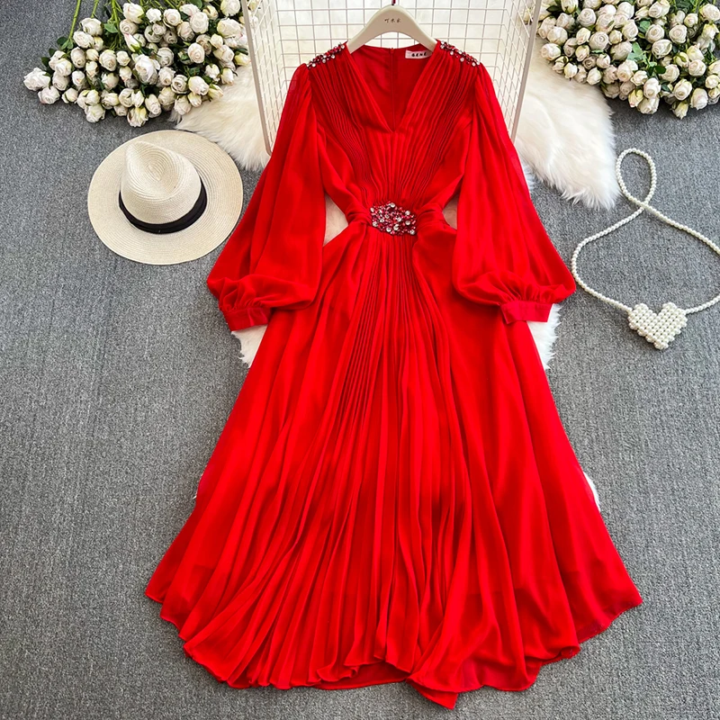 Herbst lila/schwarz/rot Diamanten drapiert Chiffon Plissee Party langes Kleid Frauen Strand urlaub Vestidos elegante Puff ärmel Robe
