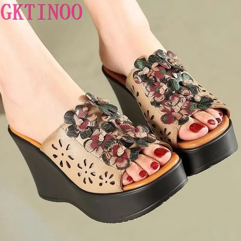 GKTINOO Sommer Frau Schuhe Plattform Hausschuhe Keil Echtes Leder Frauen High Heel Hausschuhe Für Frauen Retro Sandalen Weibliche Schuhe