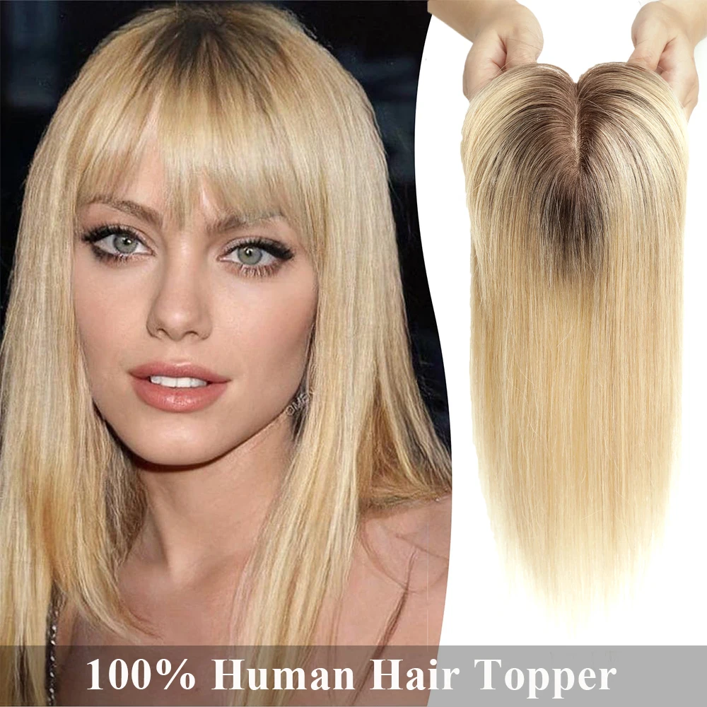 Haarspange in Echthaar-Topper, Ombre, hellblond, Damen-Topper mit Pony, Seidenbasis, Clip-in-Topper für dünner werdendes Haar, 35,6 cm Image