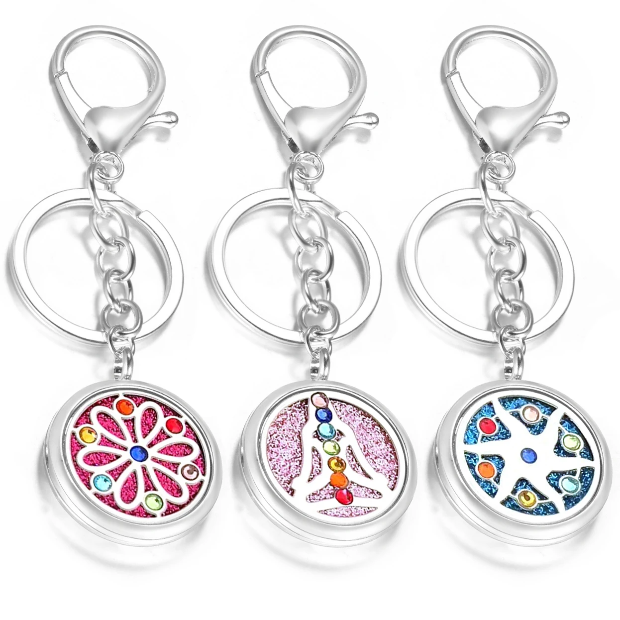 Sieben bunte eingelegte Zirkon Yoga Schlüsselanhänger Aromatherapie Edelstahl ätherisches Öl Diffusor Parfüm Medaillon Schlüsselanhänger Geschenk Image
