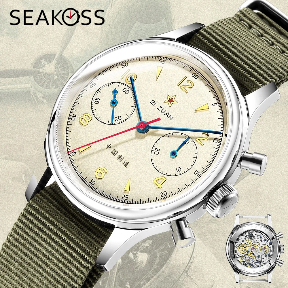 SEAKOSS 40 mm Goose Herren 1963 Chronograph Original ST1901 Möwenwerk Handaufzug Mechanische 38 mm leuchtende Pilotenarmbanduhr Image