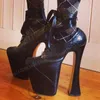 Schwarze Krokodil muster Schnür pumps Plattform klobige High Heel Runway Mode sexy Frauen Schuhe