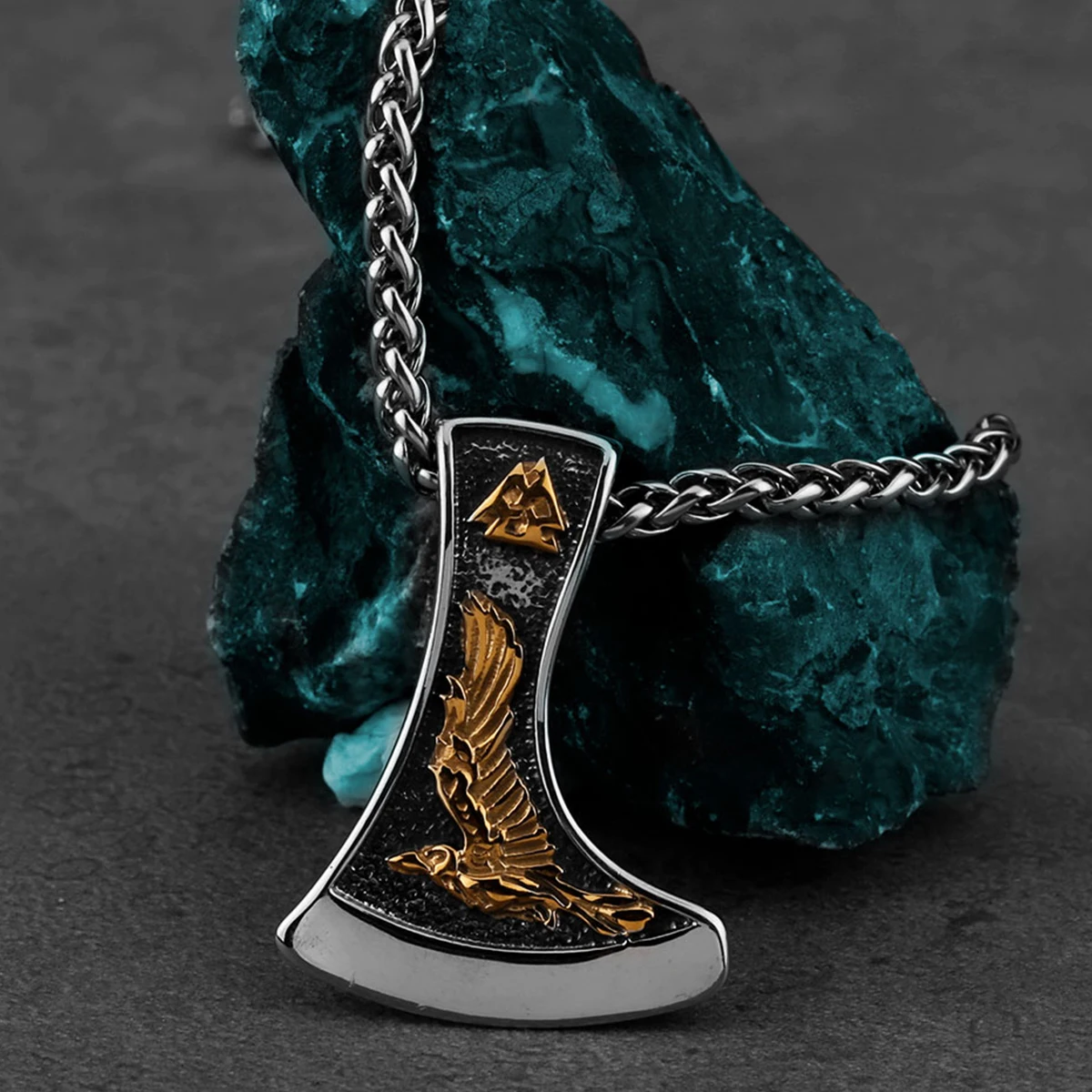 Vintage Viking Wolf Trinity Axt Krähe Halskette Herren Mixed Gold Farbe Hip Hop Biker Anhänger Edelstahl Schmuck Geschenk