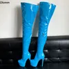 Olomm Handgemachte Frauen Frühling Oberschenkel Stiefel Patent Leder Seite Zipper Dünne High Heels Runde Kappe Weiß Partei Schuhe Plus UNS größe 5-20