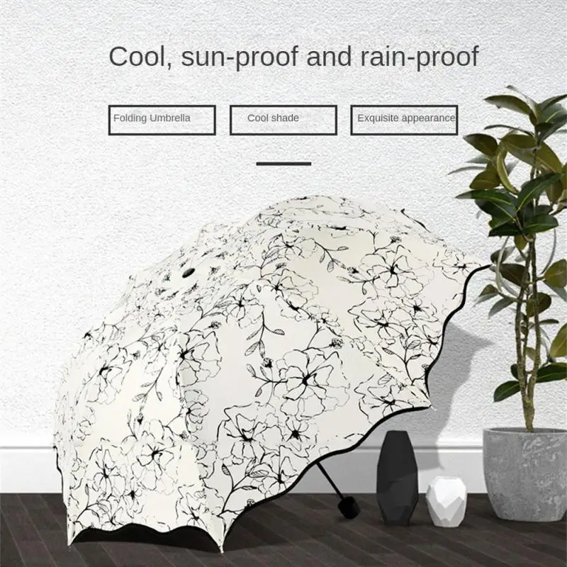 Tragbarer Regenschirm im Freien regnerisch wind dicht Sonnenschutz schwarz Gummi Hibiskus Blume dreifach kreative Home Regenschirm Paraguas Image