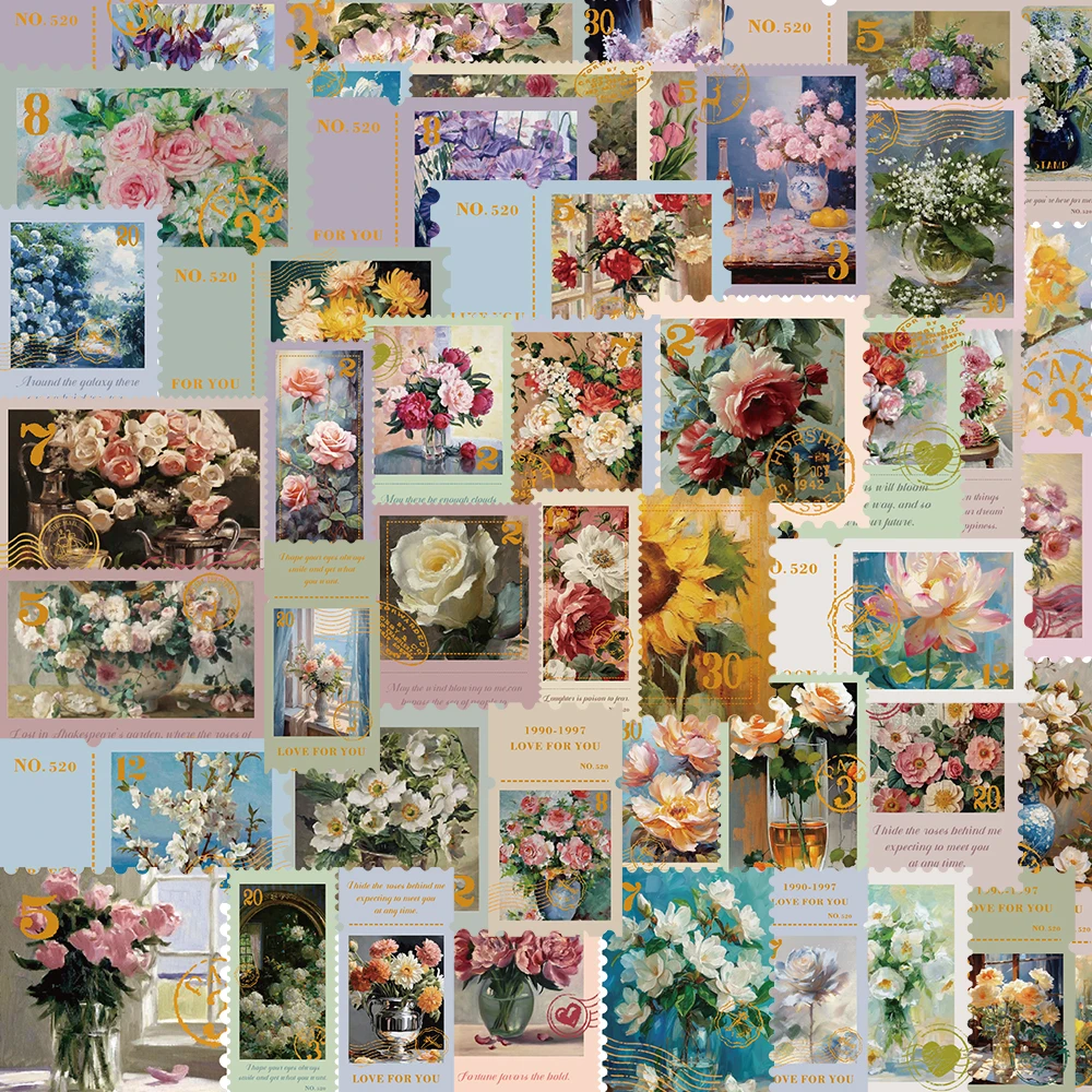 50 Stück Stempel Stil Blumen Aufkleber Set für Journal Planer dekorieren Handys und Tablets Scrap booking Embelishment Tagebuch Image