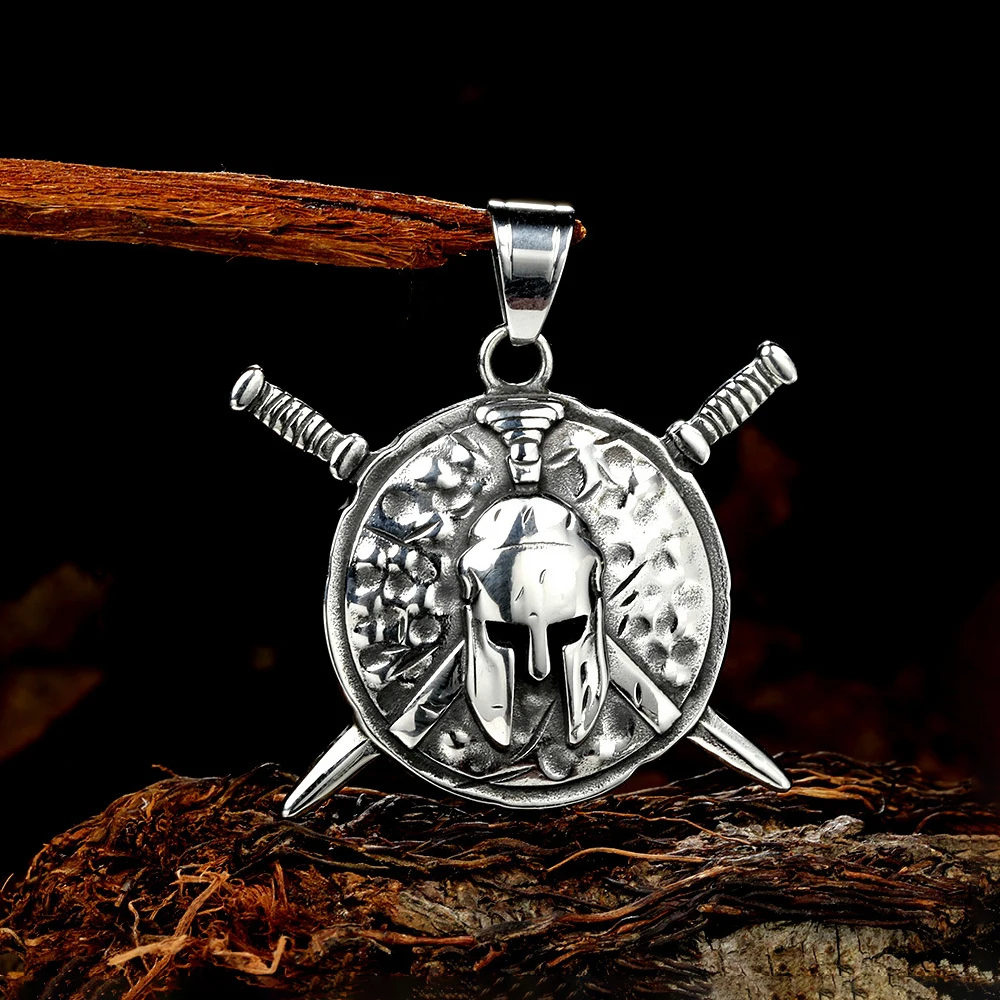 Vintage nordische Wikinger spartanische Krieger Schwert Schild Anhänger Halskette für Männer Edelstahl Mode Helm Amulett Schmuck Geschenke Image