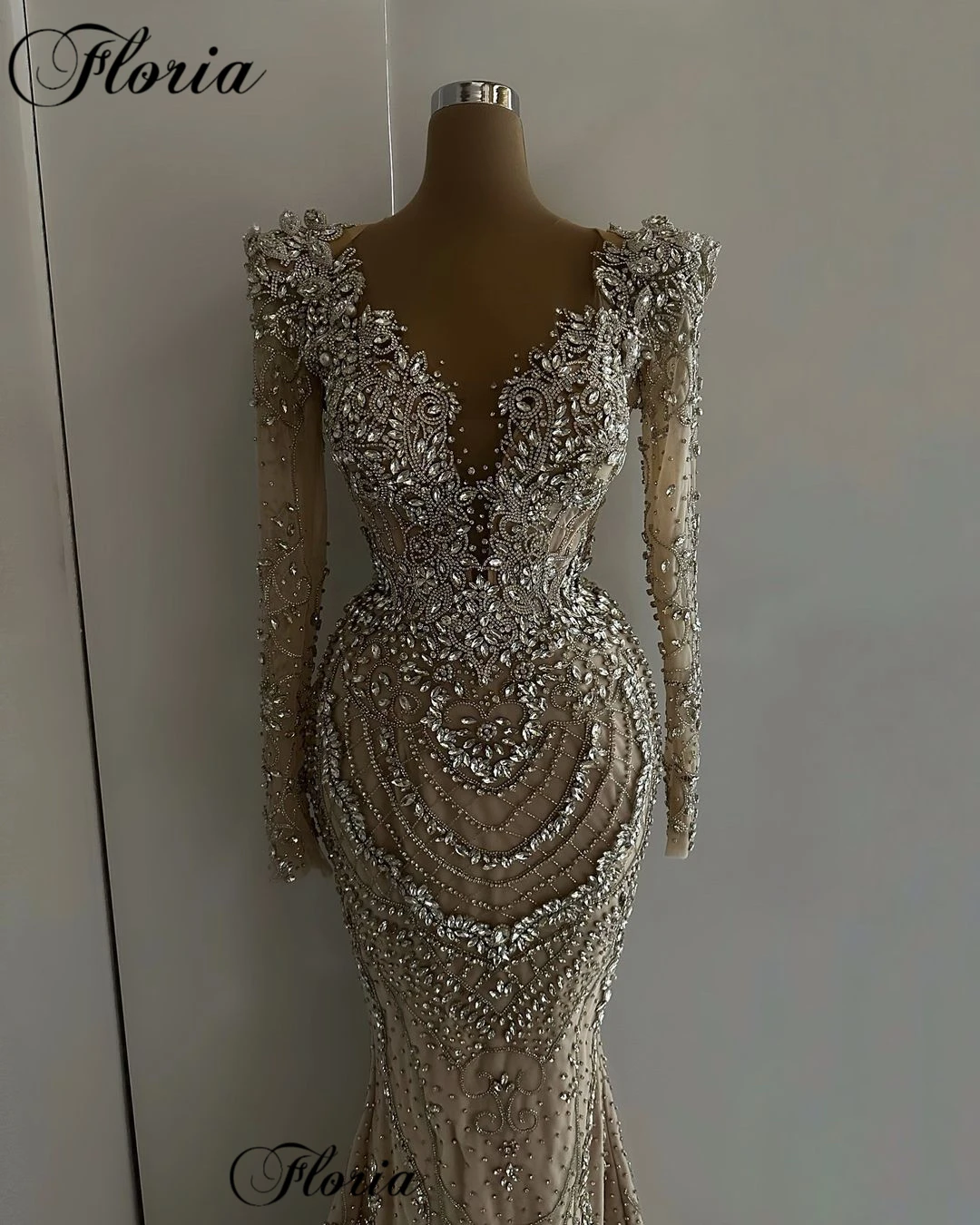 Schwere handgefertigte Abendkleider mit Kristallen, Meerjungfrau, lange Ärmel, formelle Anlässe, hochwertiges Promi-Kleid von Robes De Soirée Image
