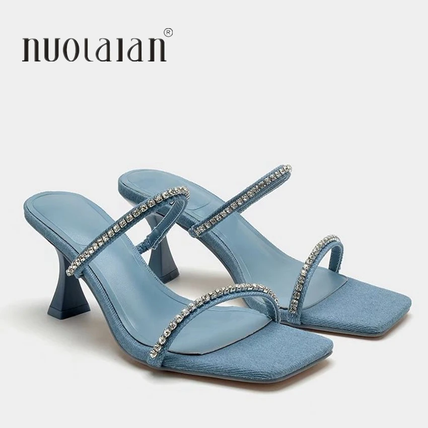 Denim Strass Heels Sandalen Frauen Maultiere 2024, Mode High Heels Frauen Schuhe Sexy Offene spitze Pumpen Moderne Büro Casual Sandalen