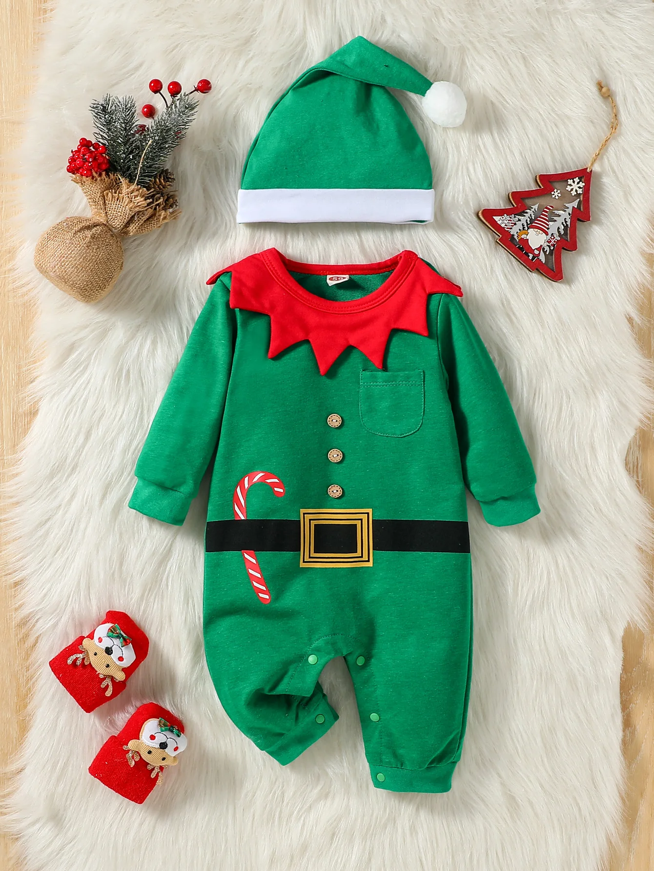 2 Stück 2024 Baby Unisex Herbst Langarm grün mit Tasche für Weihnachten Jumps uit Hut Image