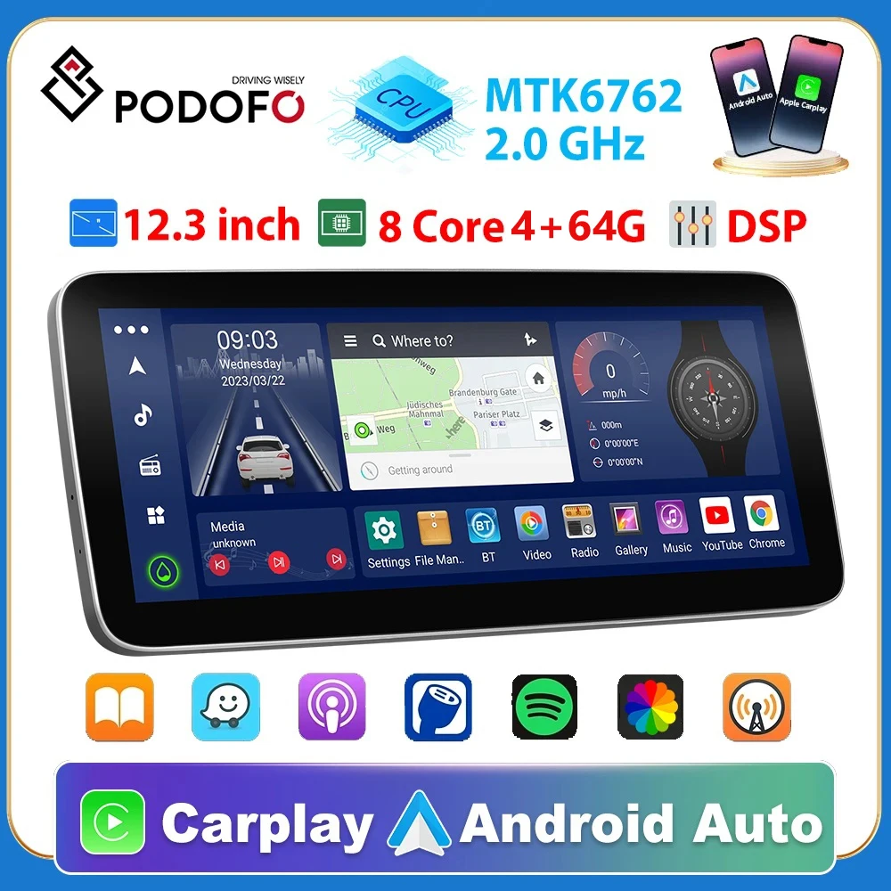 Podofo 8 core autoradio gps android 12 stereo carplay auto auto multimedia player dsp bt fm navigation 2 din Image