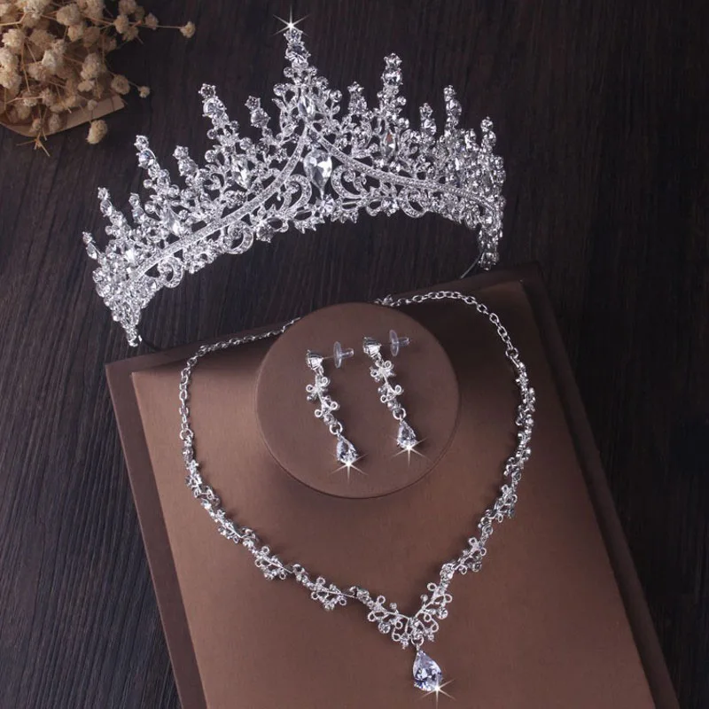 Itacazzo Braut-Kopfbedeckung, luxuriös, silberfarben, Kristall, Wassertropfen, Strass, Tiara, Halskette, Ohrringe, Hochzeit, 4-teiliges Schmuckset Image