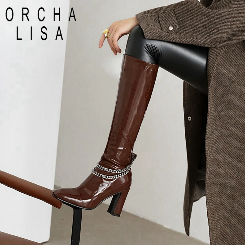 Orchalisa winter kniehohe stiefel quadratische zehe klobige absätze lack leder reiß verschluss kette metall große größe 34-48 rot lässig c2043