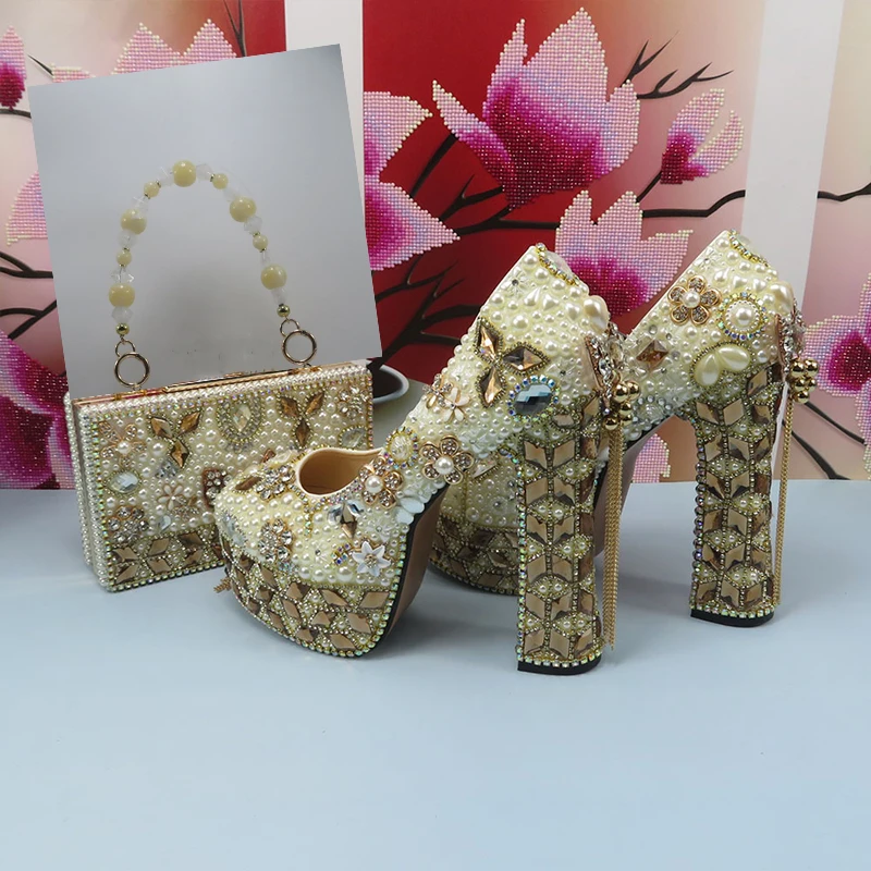 Mode Champagner Gold Hochzeits schuhe und Tasche Set Frau 14cm hohe Pumps dicke Ferse Party Schuhe passende Tasche runde Zehen Pumps