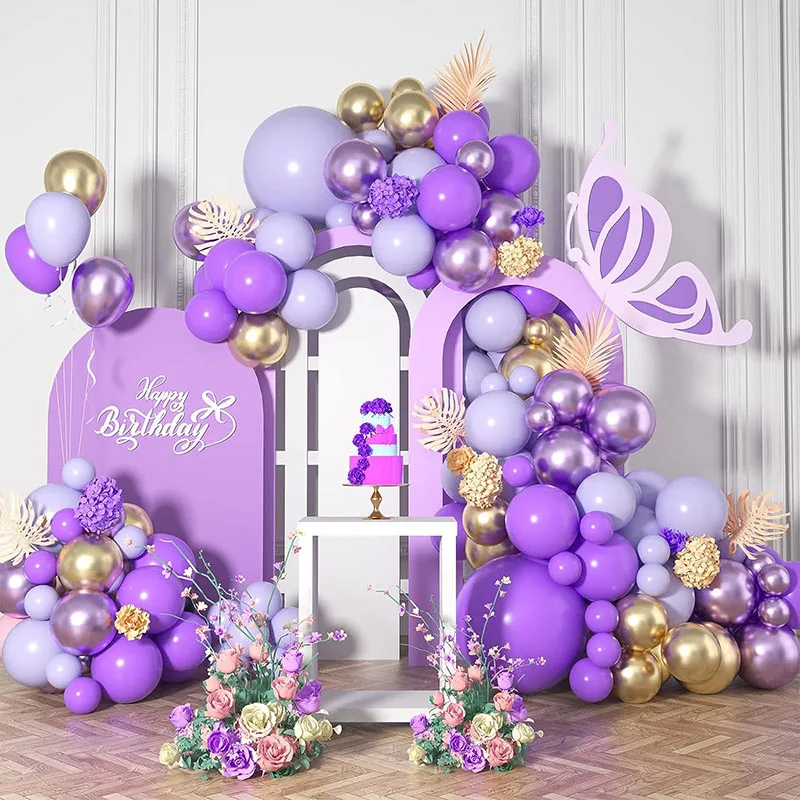 115-teiliges Lila-Gold-Ballonbogen-Girlanden-Set mit lila Maca-Lila und metallischen Goldballons für Babyparty, Geburtstag, Hochzeit Image