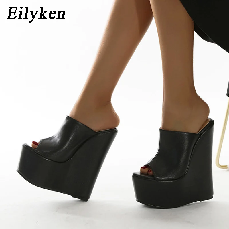 Eilyken Peep Toe Plattform Keil Maultiere Hausschuhe Frauen Sommer Sexy Super Hohe Pumps Sandale Schuhe Schwarz 35-42