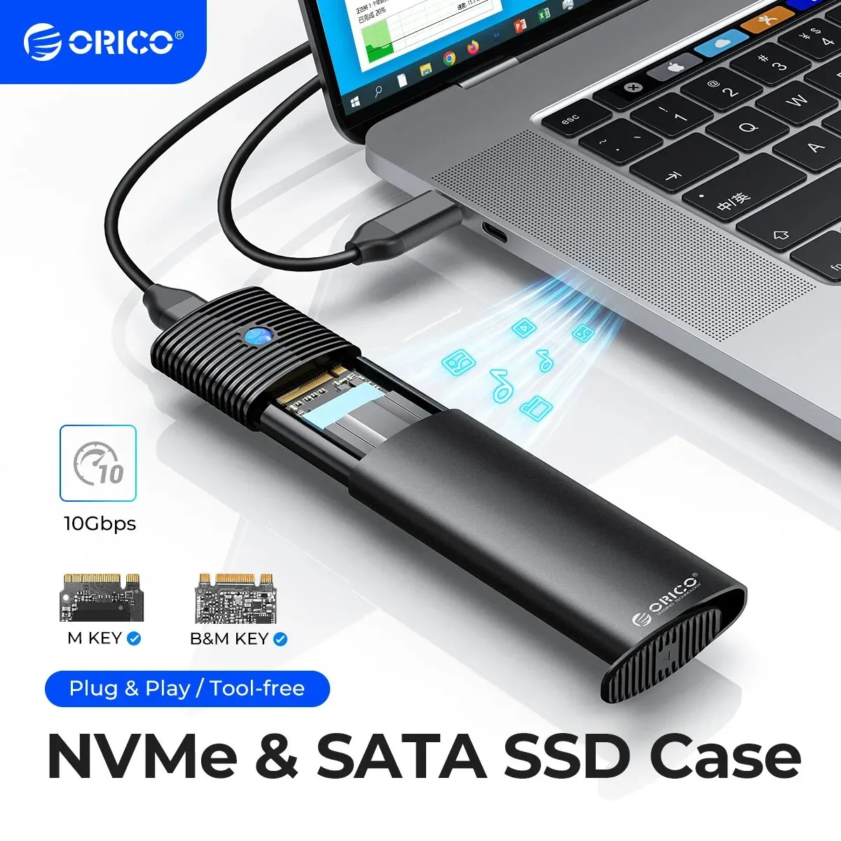 Orico m2 nvme ssd gehäuse 5/10gbps pcie ssd box für m.2 nvme ngff sata ssd disk tool frei m.2 ssd case eingebaute Kühl weste Image
