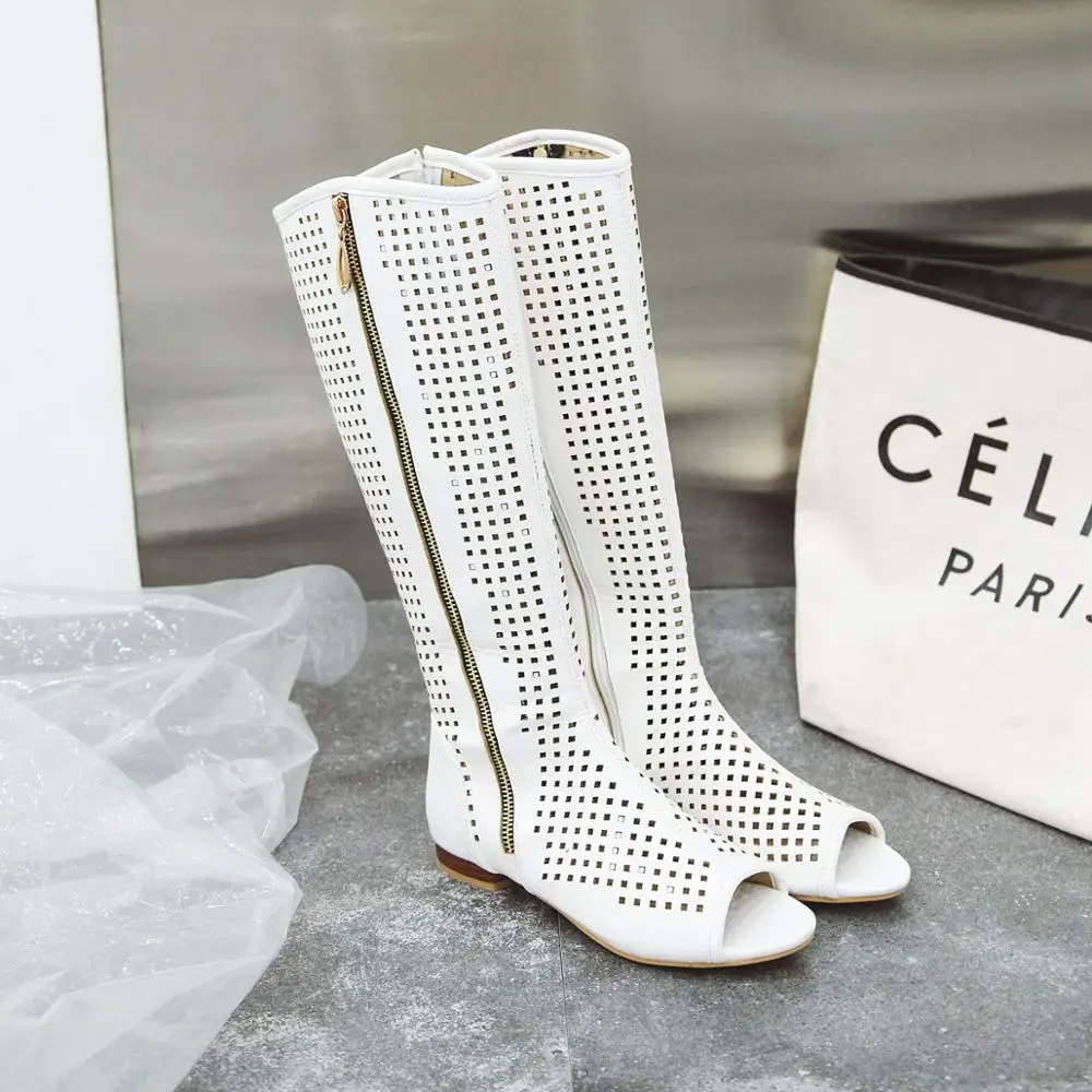 Mode Frauen Wohnungen kniehohe Sommers tiefel Peep Toe Square Heels Fretwork Party Schuhe Retro Rom sexy Damen Schuhe Größe 34-43