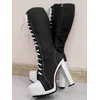 DOHBANER Frauen Über Knie Stiefel Plattform Breite Kalb Freundliche Dicken High Heels Seite Zip Denim Stiefel Schuhe Frau Große Größe 40 45 52