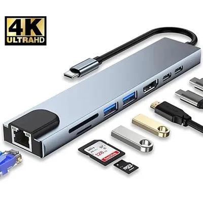 8-in-1 USB-C-Hub Typ C auf Multiports 4K HDMI RJ45 PD Charge SD/TF-Kartenleser Typ C auf USB-Adapter-Dock für MacBook Air Pro PC