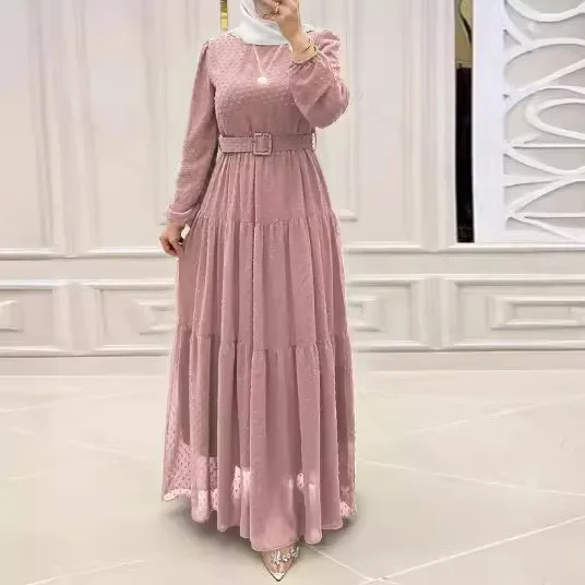 Sommer Langarm Temperament Roben mit Gürtel Dubai Abaya elegantes schlankes Kleid Abayas für Frauen Kaftan hohe Taille Frauen kleidung Image