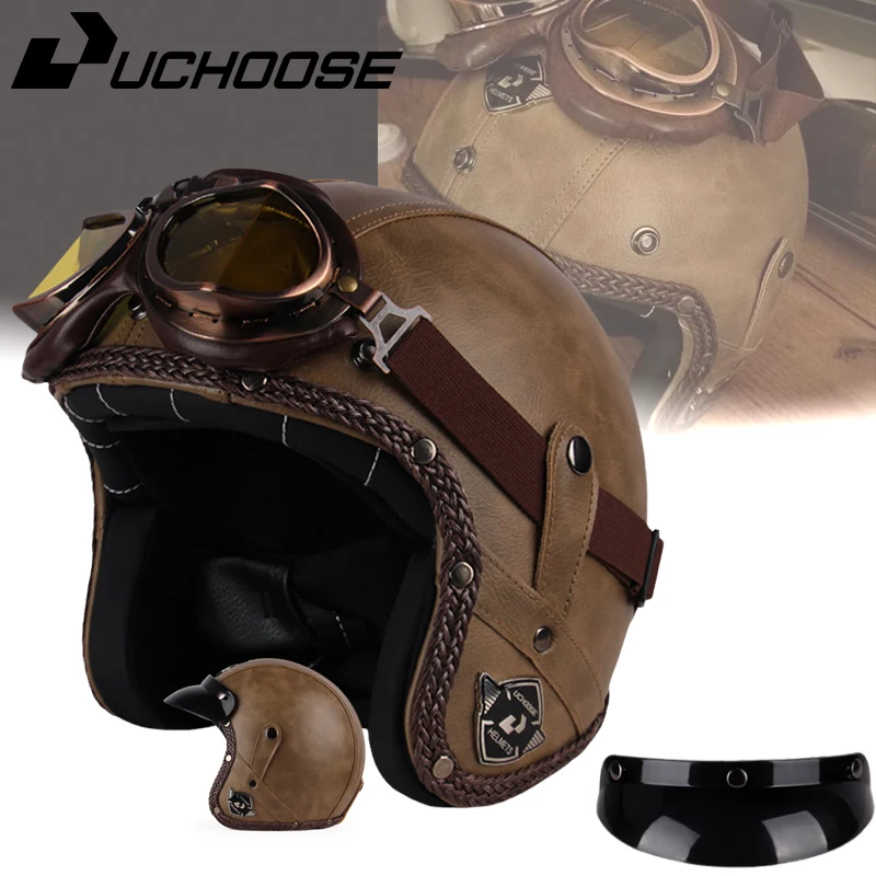 UCHOOSE Retro Motorradhelm PU Leder Open Face 3/4 Chopper Fahrradhelme Classic Casco Moto Vintage Image