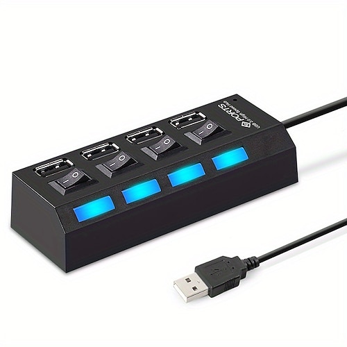 Adattatore hub USB 2.0 a 4 porte, espansore multi-USB, splitter multiplo, extender con interruttori indipendenti, indicatore LED