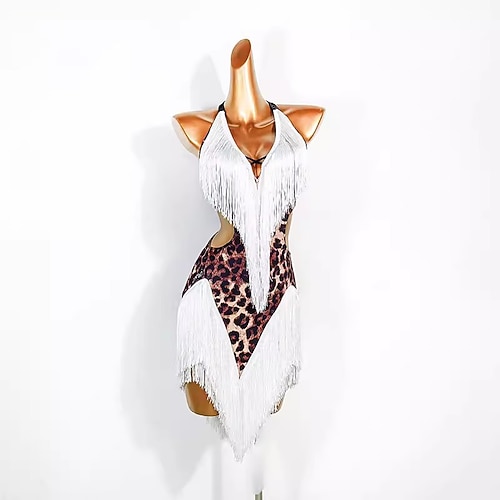 Latein-Tanz Kleid Print Quaste Farbaufsatz Damen Leistung Ausbildung Ärmellos Kristall-Baumwolle Image