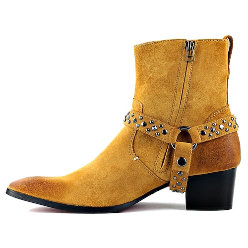 Herren Tan Wildleder Motorradstiefel mit Nietenriemen und Reißverschluss - Stylische von Western inspirierte Biker Boots Image