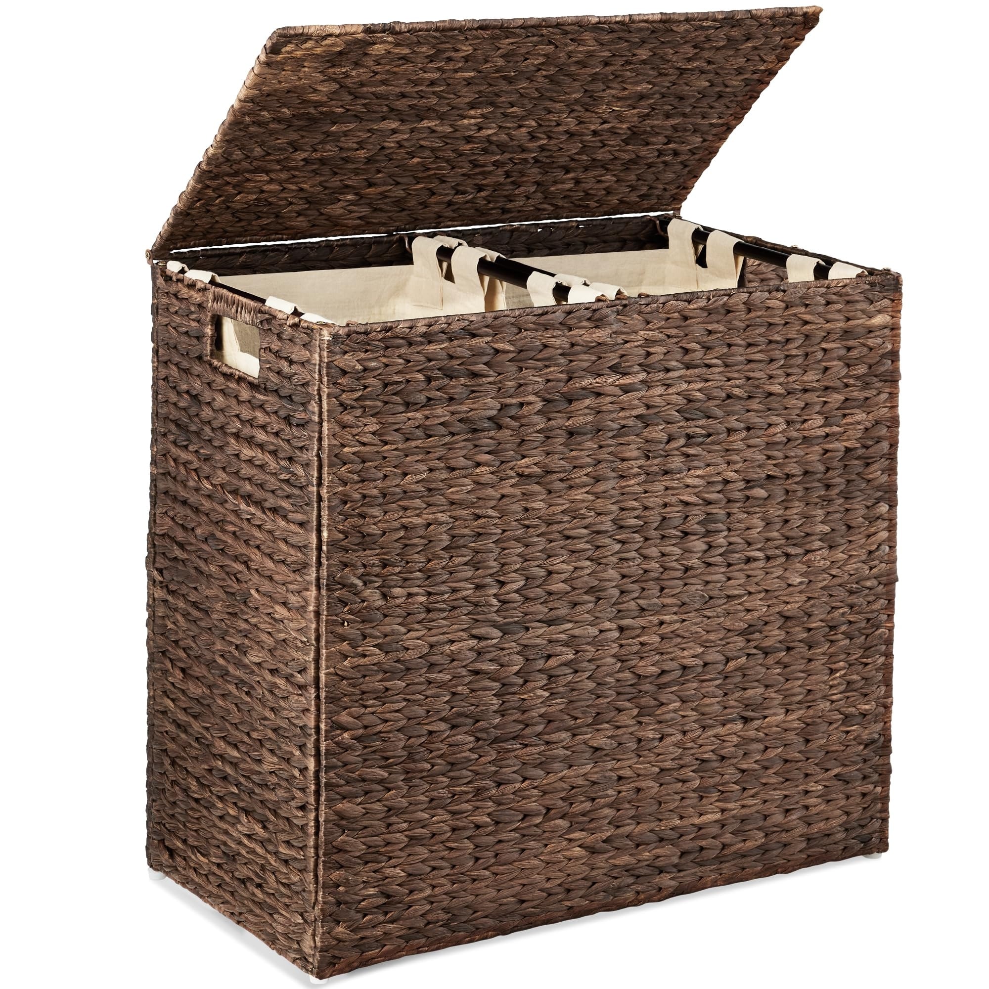 Large Double Laundry Hamper with Lid, Natural Handwoven Water Hyacinth, 2 Sections w/ 2 Machine Washable Linen Liner Bags