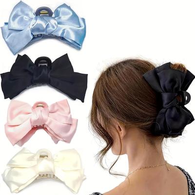 TEMU 4pcs Elegant Satin Bow Hair Claw Clips, Ponytail Holder, Suitable For Daily And Party Use, For Women 14+ Years Old