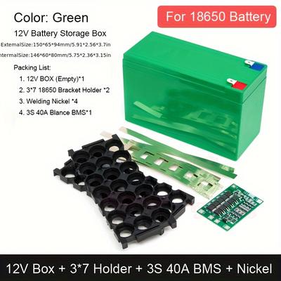 TEMU Diy 12v Lithium Battery Case Kit With 3s 40a Bms - Abs Plastic Box For 3x7 18650 Battery Storage, Motorcycle Sprayer Battery Assembly, Durable Snap-in Holder For 21x 18650 Cells, Lead Acid Replacement