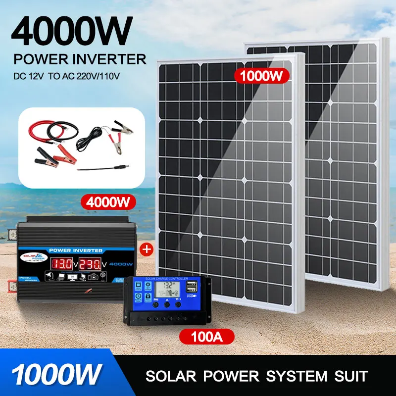 110V/4000 V W Glas Solarpanels ystem 12V Batterie laderegler W Solar Wechsel richter Kit komplett für den Heim-/Außenbereich Image