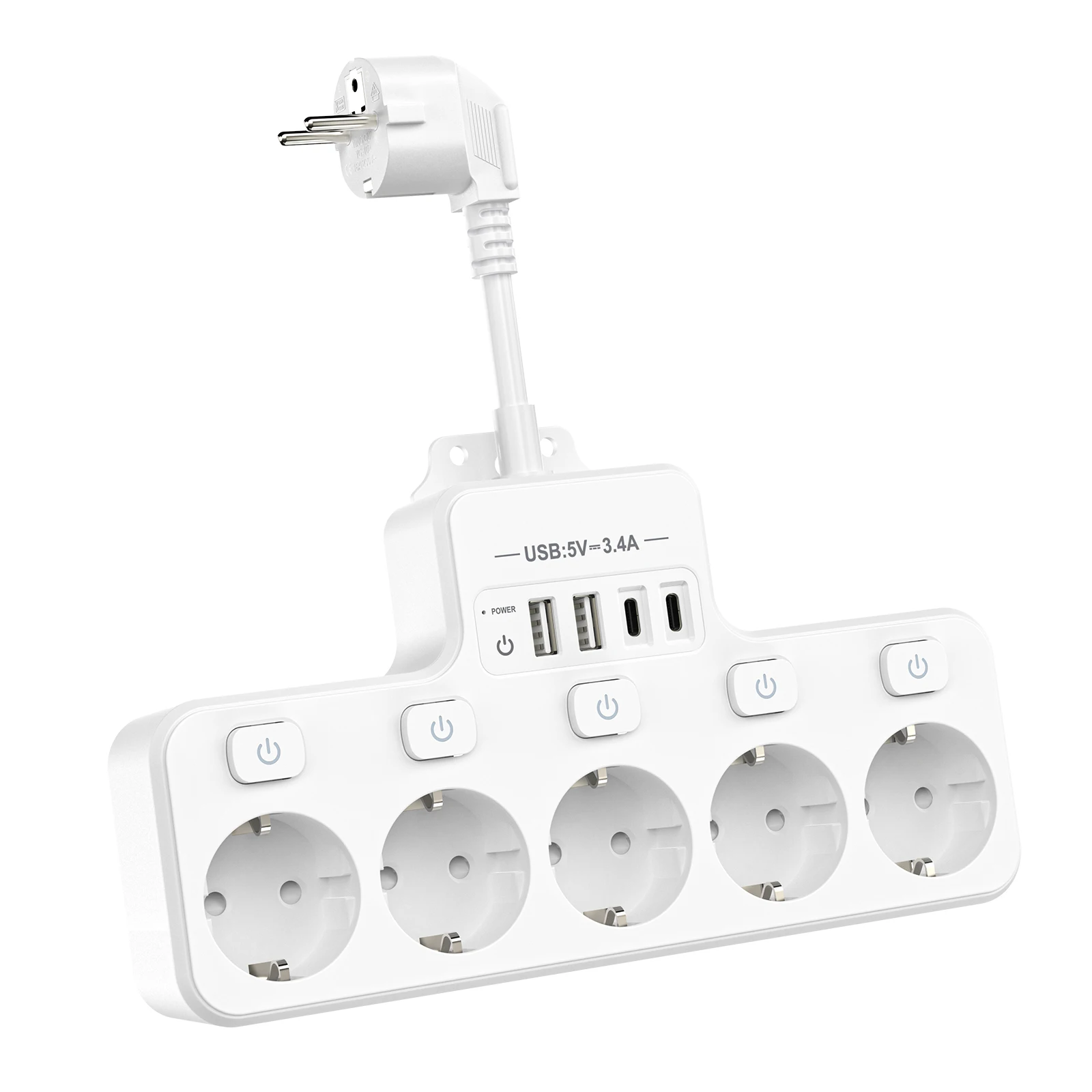 Steckdosen leiste 5-Wege-Multikontaktsteckdose EU-Stecker mit 4 USB-Anschlüssen 3,1 A/5V 3840W Mehrfach steckdose mit Schalter für zu Hause Image