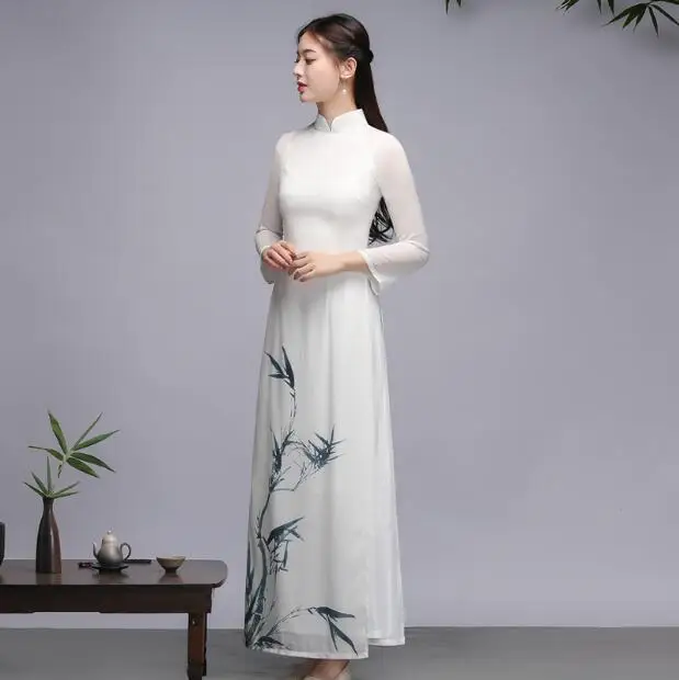 Traditionelle vietnam ao dai frauen frühling langes kleid cheong sam vintage bambus druck chiffon weiß chipaoo Image