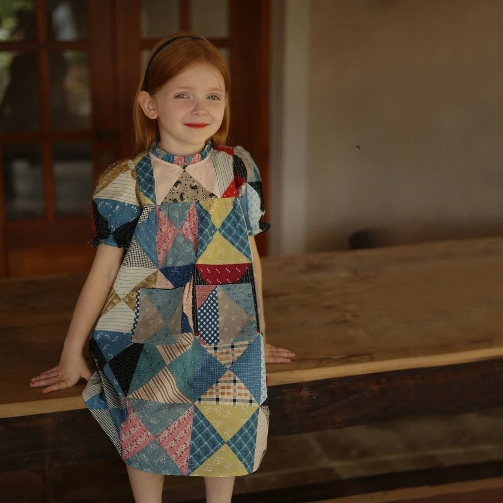 Sommer Mädchen Patchwork Kleid Puff ärmel mehrfarbigen karierten Rock 3 bis 7 Jahre alt lässig Stil Kinder kleidung Kleidung Image