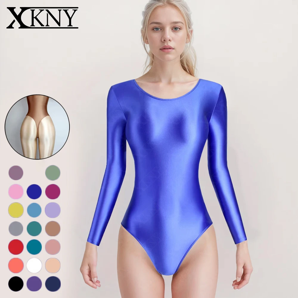 XClocKNYoung Satin-Glanzstrumpfhose, glänzender T-förmiger Anzug, hochgeschlitzter Langarm-Badeanzug, Yoga-Sportbekleidung, Seiden-Gymnastikanzug Image
