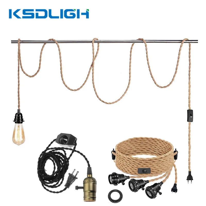 4M 7,5 M Retro Lampen DIY Hanf Seil Hängen Draht Amerikanischen Geflochtene Linie Fassung Mit Dimmbar Schalter Vintage E27 buchse Stecker Image