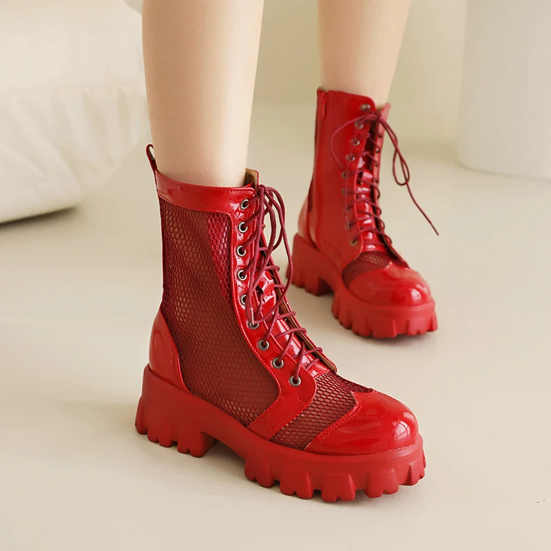 Mesh Panel Lack Leder Ausschnitt atmungsaktive kurze Stiefel flache Ferse dicke Sohle Schnür Mesh Stiefel Reiß verschluss erhöhte Schuhe