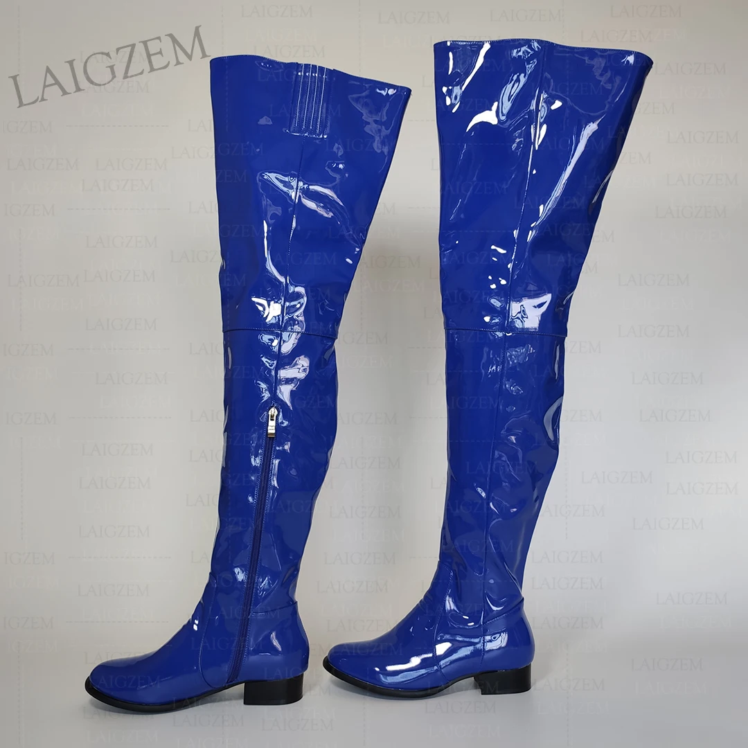 ZHIMA Damenstiefel über dem Knie, runde Zehenpartie, seitlicher Reißverschluss, niedrige Absätze, hohe Oberschenkelhohe Stiefel, handgefertigte Damenschuhe, große Größe 39, 42, 43, 52