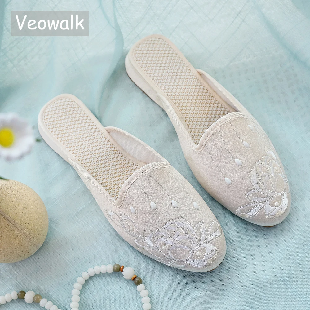 Veowalk Strass bestickte Damen-Pantoletten aus weichem Baumwollstoff, bequeme flache Hausschuhe, spitze Zehen-Pantoletten, Schuhe, Grün, Beige