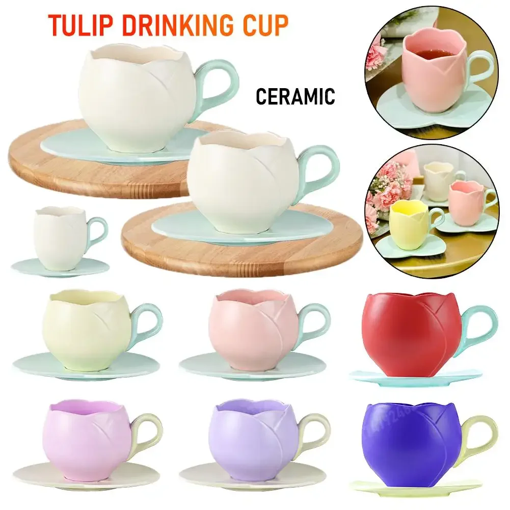 Schöne Tulpe Trinkbecher mit Untertasse Keramik Tulpe geformte Tee tasse kreative Vintage Tasse nach Hause Nachmittags tee Cappuccino Geschirr Image