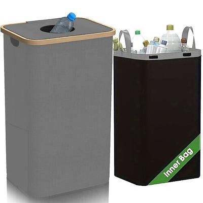 Pfandflaschen Sammelbehälter 100L mit Bambusrahmen, faltbar mit Innensack, Flaschensammler für Küche, Keller und Balkon Image