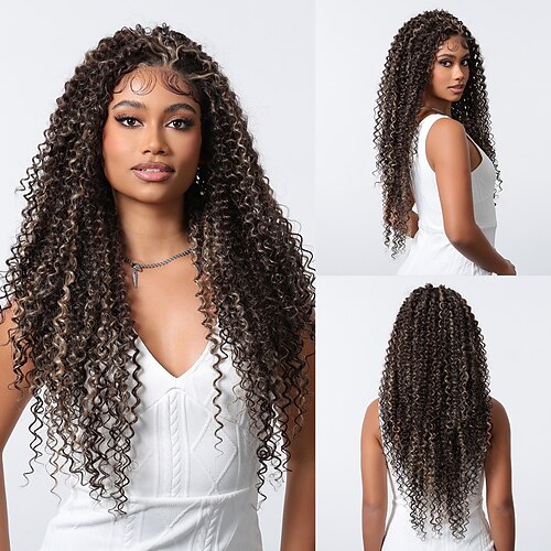 Synthetische Spitzeperücke Locken Stil 28 Zoll Dunkelbraun Mittelteil 13x6 Verschluss Perücke Damen Perücke Dunkelbraun Image