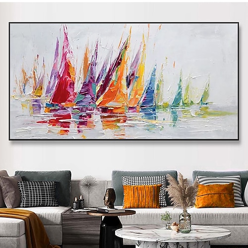 Mintura handgefertigte Ölgemälde mit Bootslandschaft auf Leinwand, Wandkunst, Dekoration, modernes abstraktes Strukturbild für die Inneneinrichtung, gerolltes, rahmenloses, ungedehntes Gemälde Image