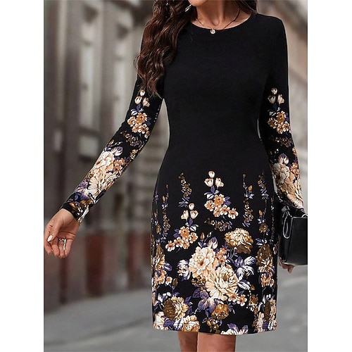 Damen Maxikleid Sweatshirt-Kleid Winterkleid Corsagenkleider Etui-Kleid Elegant Stilvoll Lässig Täglich Urlaub Normale Passform Blumen Langarm Rundhalsausschnitt Blau Rosa Orange Sommer Herbst Winter Image