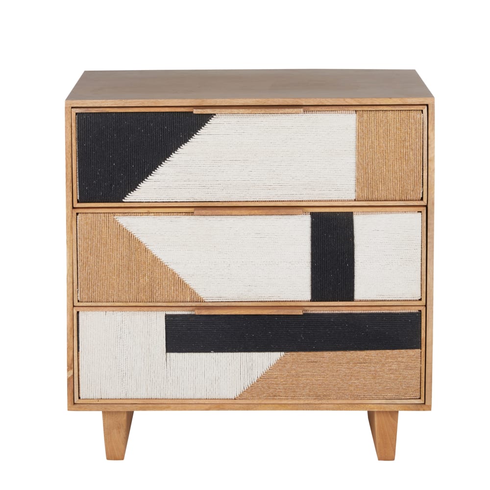 Commode 3 tiroirs en bois de manguier massif et coton tissé tricolore L85
